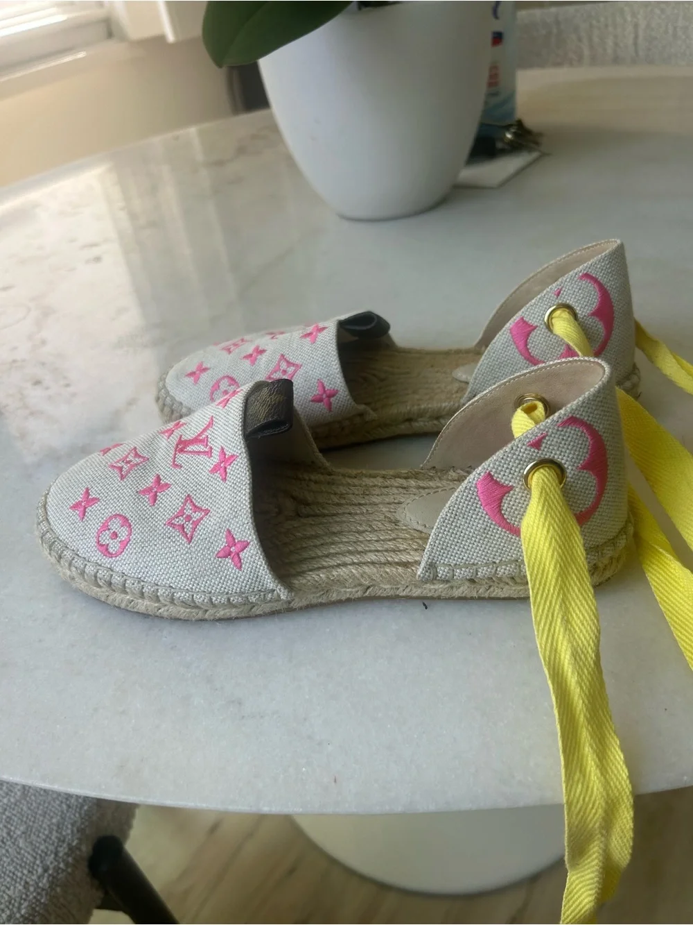 Louis Vuitton Pink Canvas Monogram Espadrille with Yellow Ribbon Ties